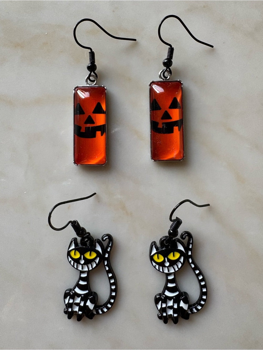 Halloween Cat and Jack-O'-Lantern Drop Earrings - Orange & Black